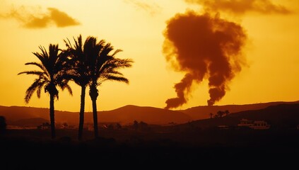 Obraz premium Silhouetted palm trees at sunset, orange smoke plume