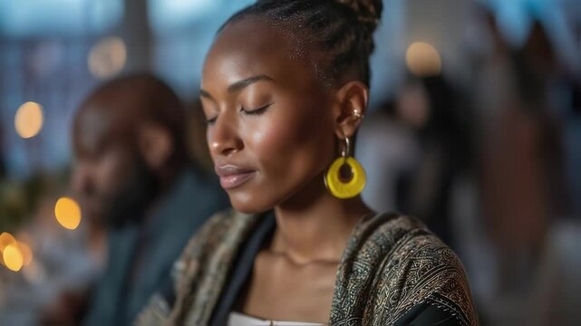 A serene evening gathering where attendees are adorned with glowing earrings each exuding unique fragrances that complement their conversations showcasing the connection between scent