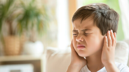 Young child holding ear with pained expression in pediatric clinic, childhood illness and earache concept, kid suffering from infection or pain at doctor office.