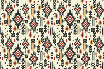 A seamless ikat pattern inspired by tribal and folk embroidery. Featuring Mexican Aztec geometric shapes. Perfect for graphic art, rug design, wallpaper, gift wrapping and clothing