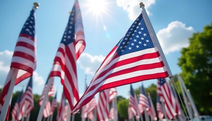 Multiple American flags displayed outdoors, sunny day , summer, patriotic