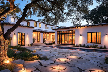Tranquil Spanish-style estate at twilight with inviting pool and garden setting