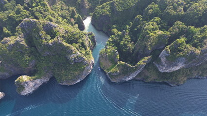 Aerial Drone View of Wang Long Bay, Limestone Cove in Phi Phi Islands, Thailand..