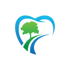 Vector Logo of Eco Friendly Dental Care with Tree and Road Inside Tooth Shape