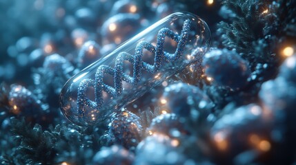 Blue and white medical capsule containing DNA structure, surrounded by small bacteria illustrations on a light blue background, scientific concept of biology, healthcare.