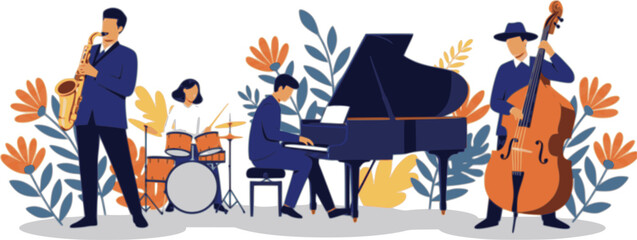 Jazz quartet. Musicians performing music on abstract floral background.
