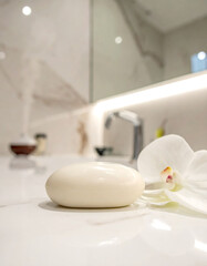 Serene bathroom scene featuring a bar of soap and a white orchid on a marble counter, emphasizing hygiene, spa, selfcare, and relaxation. Ideal for beauty or wellness.