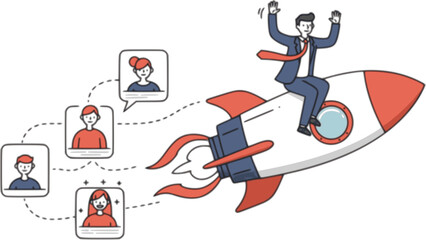Naklejka premium Businessman flying on the rocket catching up new members for his online service. Online startup company infographics. Modern illustration in linear style