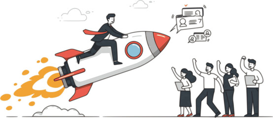 Businessman flying on the rocket catching up new members for his online service. Online startup company infographics. Modern illustration in linear style