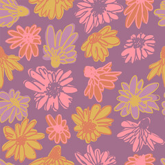 Seamless pattern with hand drawn colorful ditsy scribble flowers on dark blue background. Vintage inky bold florals repeat texture. Modern minimalist daisy blooms wallpaper.