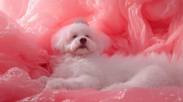 A fluffy white dog wearing a small crown relaxes comfortably on soft pink fabric. The setting offers a cheerful and playful atmosphere that highlights the dog's charm