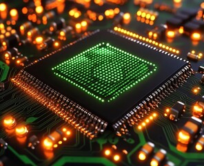 Close-up of glowing green chip on circuit board