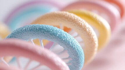 Delightful dessert rings in soft pastel colors are aligned beautifully, displaying their unique textures and inviting a closer look at their intricate designs