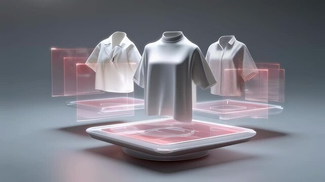 A sleek minimalist AR app interface featuring holographic clothing options that appear layered over a users avatar demonstrating the personalization capabilities of generative fashion