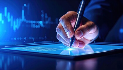 A hand signs a digital contract on a tablet glowing with futuristic light, symbolizing e-signature technology, digital transformation and smart business