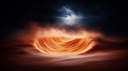 A captivating swirling sand formation appears in a secluded desert area, illuminated by a moody sky filled with dark clouds. The unique shape resembles a vortex