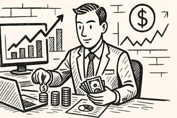 A business man doing financial planning at his desk, Simple line hand painted style