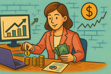 A business woman doing financial planning at his desk, hand painted style