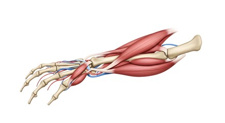Detailed Anatomical Illustration of Human Hand Muscles, Bones and Nerves for Medical Education