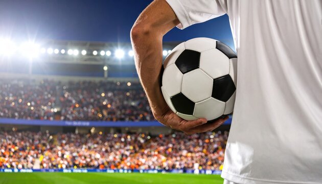 Soccer player holding the ball ready for a throw-in with a stadium full of fans depicting anticipation and action in global sports culture