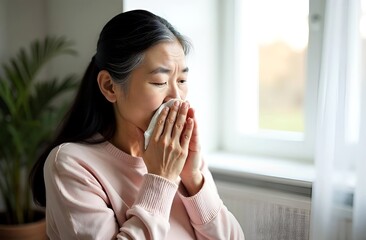 Seasonal sick concept, maturre eldery asian woman has a common cold and sneeze with tissue paper in living room