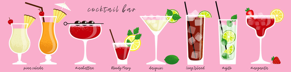 set of popular cocktails in glasses of different shapes, each cocktail is signed. flat drawing with transparent elements and texture. stock vector illustration. EPS 10.