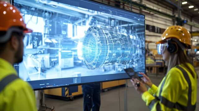 Multiple workers point at digital interface showing twin simulation, assessing machine efficiency in active industrial workspace