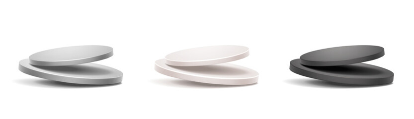 3d realistic vector icon illustration. Set of modern presentation and showcase podiums in white, gray and black color. Isolated on white.