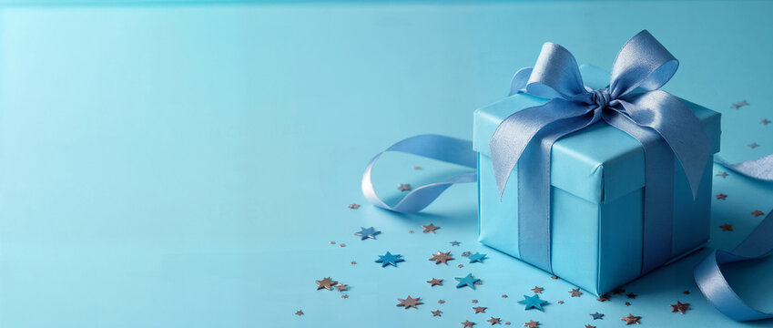 Gift box present gift with classic ribbon and confetti star shape, holiday, xmas, christmas. shopping, sale banner, flyer, coupon concept