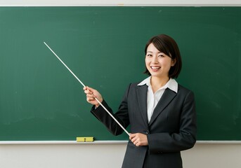 Classroom scene with a smiling instructor, holding a pointer for a presentation.

