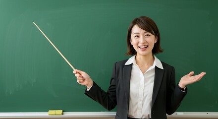 An engaging female lecturer stands by a chalkboard, prepared to teach or explain.
