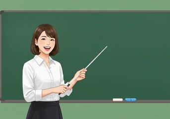 Happy educator with a pointer stick, ready to impart knowledge in a classroom.
