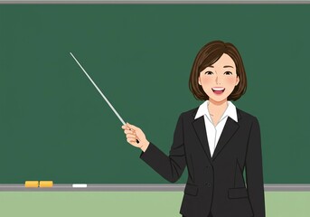 Teacher in a classroom setting, smiling while holding a pointer stick for instruction.
