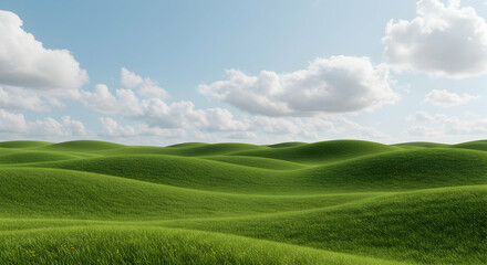Obraz premium Vivid Green Rolling Hills Under Bright Sky with Fluffy Clouds