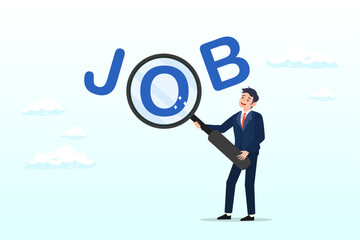 Businessman magnifying glass searching for new job, job search, employee finding new job, career opportunity, employment or recruitment, applicant or candidate search online website concept