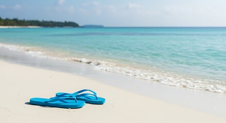 Serene Beach Vacation: Blue Flip-Flops on a Pristine Shore