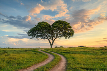 Scenic landscape featuring a lone tree bathed in the warm light of setting sun