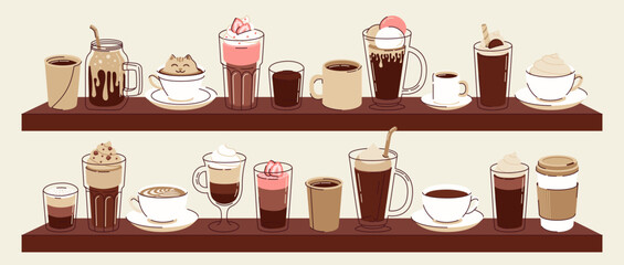 Obraz premium Big set of different types of hot and cold coffee beverage. Espresso, americano cup, cappuccino and latte, iced macchiato in glass. Flat vector illustrations isolated on white background