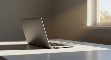 Fototapeta premium Realistic 3D Rendering of Modern Laptop on Minimalist Table Near Window with Natural Light. Generative AI.
