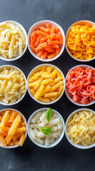 Various shapes and colors of uncooked pasta are displayed in bowls, showcasing an appealing arrangement ideal for culinary inspiration and recipes