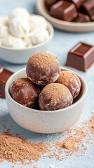 A bowl filled with decadent chocolate truffles dusted with cocoa powder sits among chocolate pieces and marshmallows, creating an inviting dessert display