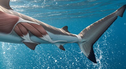 Obraz premium Close Up of Shark Tail and Fin Swimming Gracefully Underwater in Clear Blue Ocean