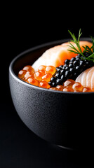 This culinary masterpiece showcases fresh salmon slices accompanied by vibrant caviar and garnished with herbs, highlighting an artistic presentation of sushi