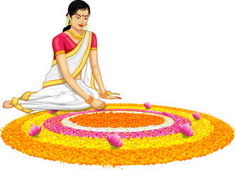 Woman making rangoli for onam