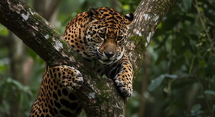 Naklejka premium Jaguar Resting On Tree Branch In A Lush Green Forest Environment