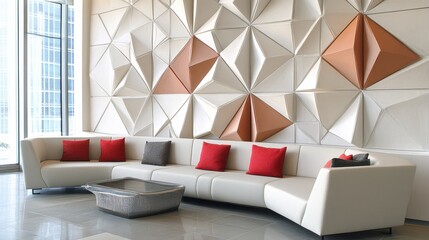 Modern interior design featuring a geometric wall and seating area.
