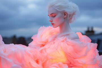 A model stands gracefully, adorned in a luminous pastel dress that softly glows, set against a moody twilight sky in an urban environment