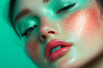 A talented makeup artist showcases their skills with sparkling green and pink cosmetics on a model's face under studio lighting, creating a striking visual effect