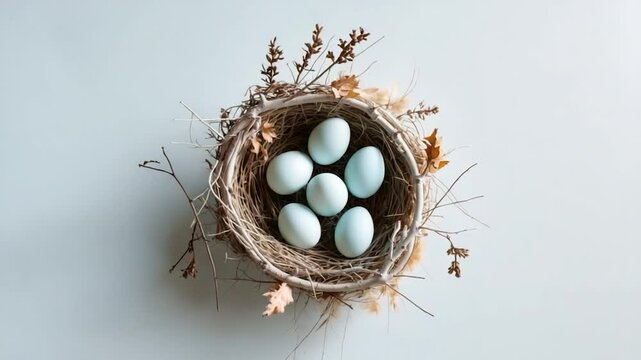 Background shows a nest with 4 eggs in it