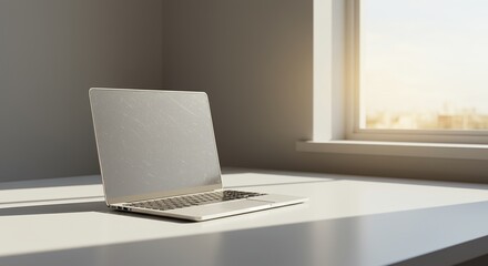 Fototapeta premium Realistic 3D Rendering of Modern Laptop on Minimalist Table Near Window with Natural Light. Generative AI.